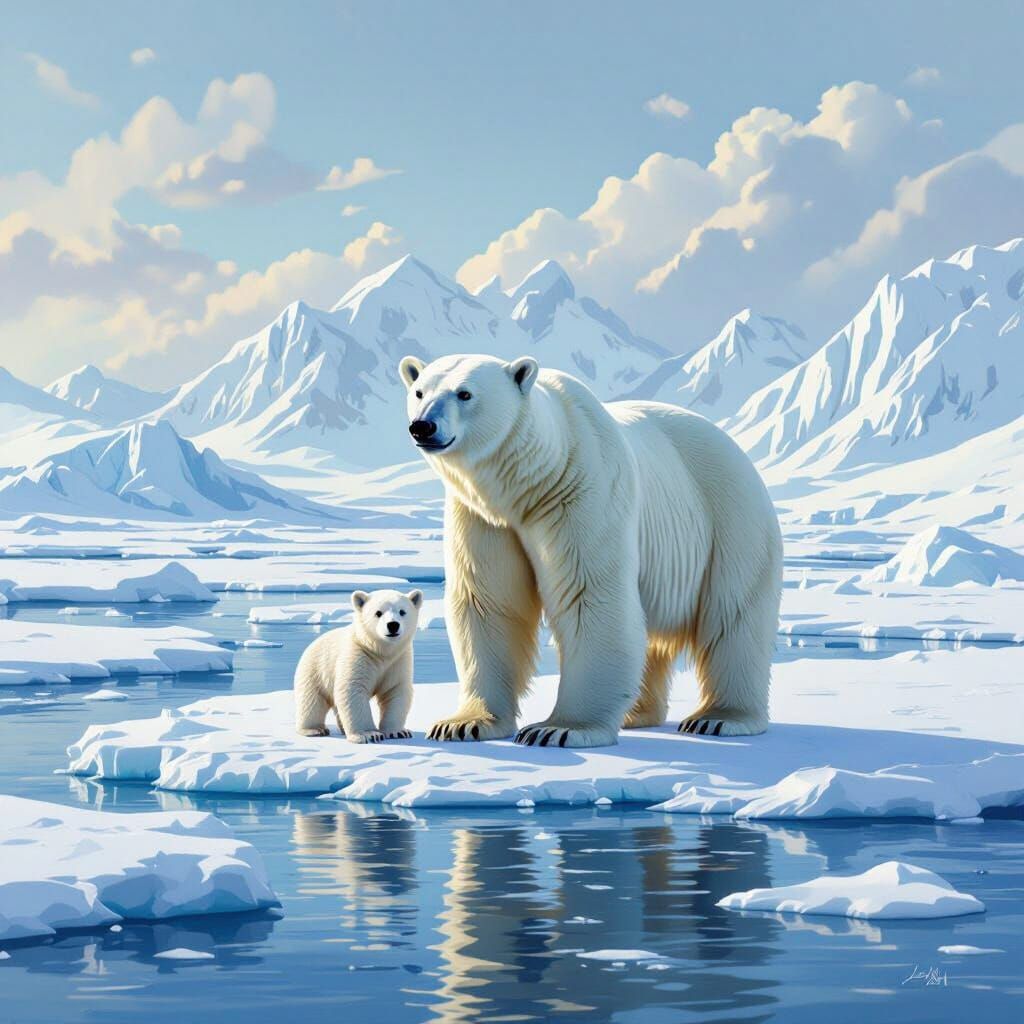 Polar Bear Family on Melting Ice, Dreamlike Arctic Scene