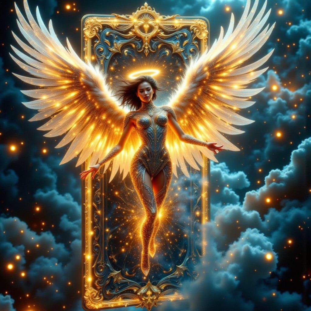 Angel Emerges from Glowing Playing Card in Whimsical Fantasy...
