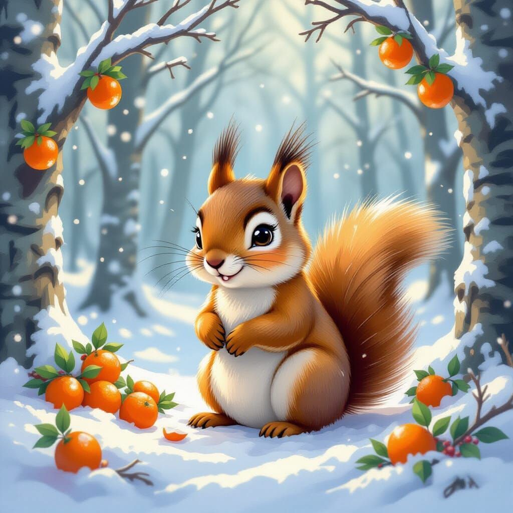 Cute Cartoon Squirrel in Snowy Forest with Tangerines