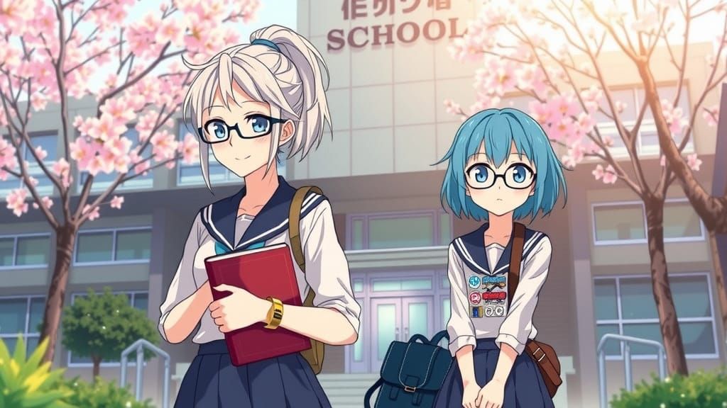 Japanese Schoolgirls Amid Cherry Blossoms in Soft Golden Lig...