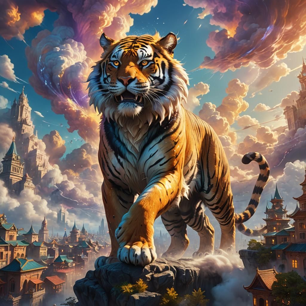 Mystical Cloud Tiger in Floating City: Fantasy Art