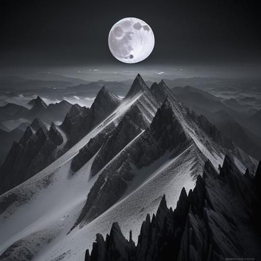 Hyperrealistic Full Moon Over Mountain Peak