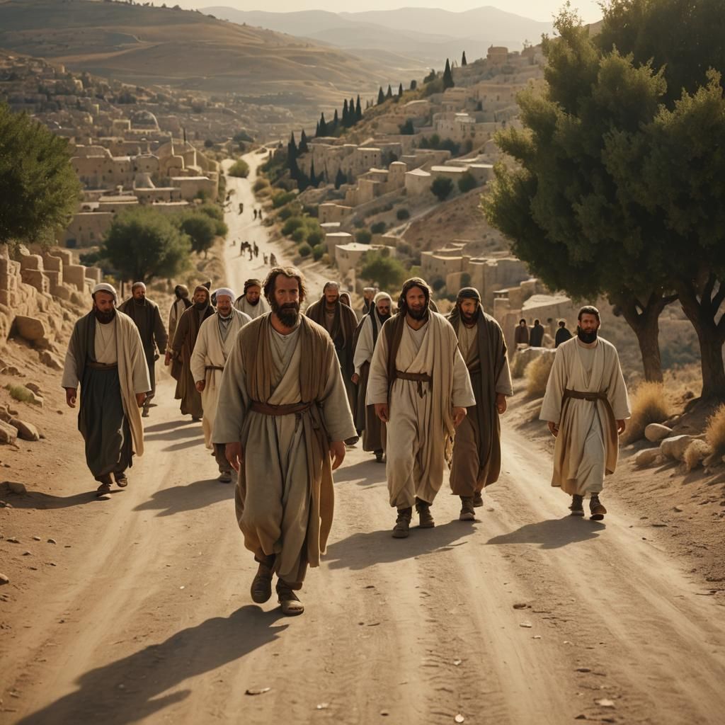 Disciples Follow Jesus to Jerusalem in Golden Light