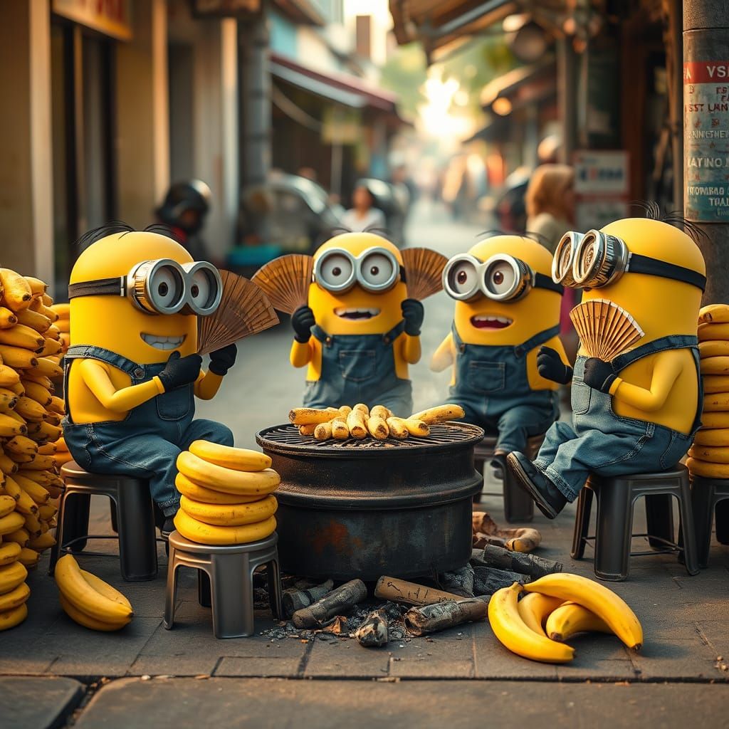 Realistic Minions selling grilled bananas on Vietnamese side...