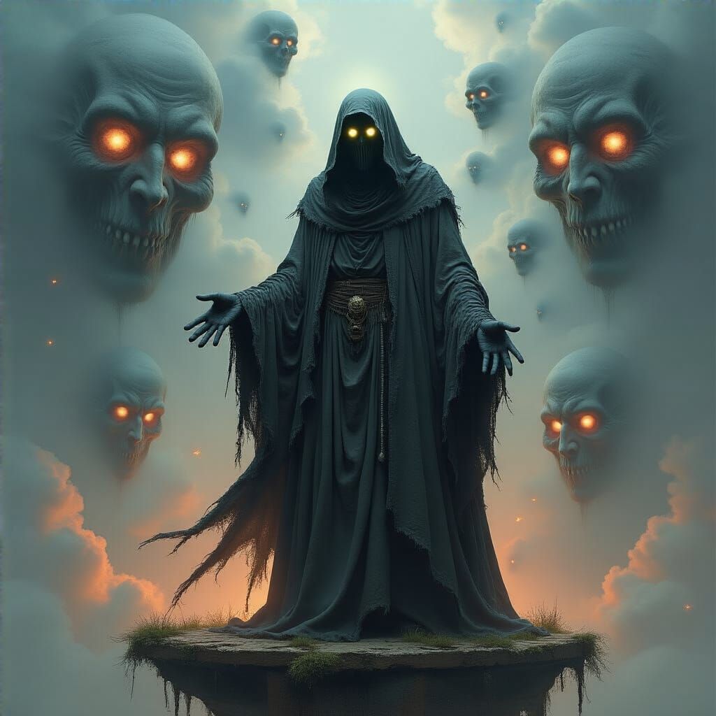 Ethereal Wizard on Floating Platform, Surrealist Art