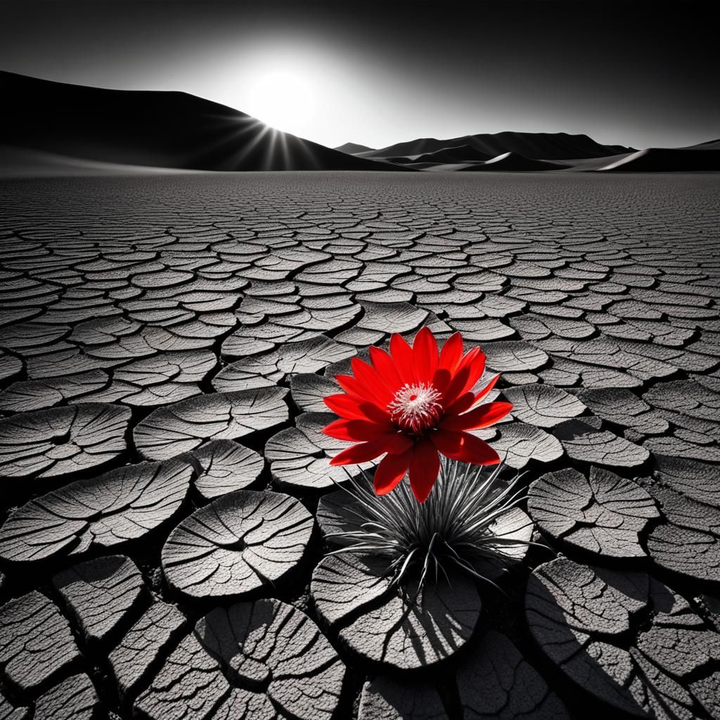 Red Flower Blooms in Barren Desert Landscape