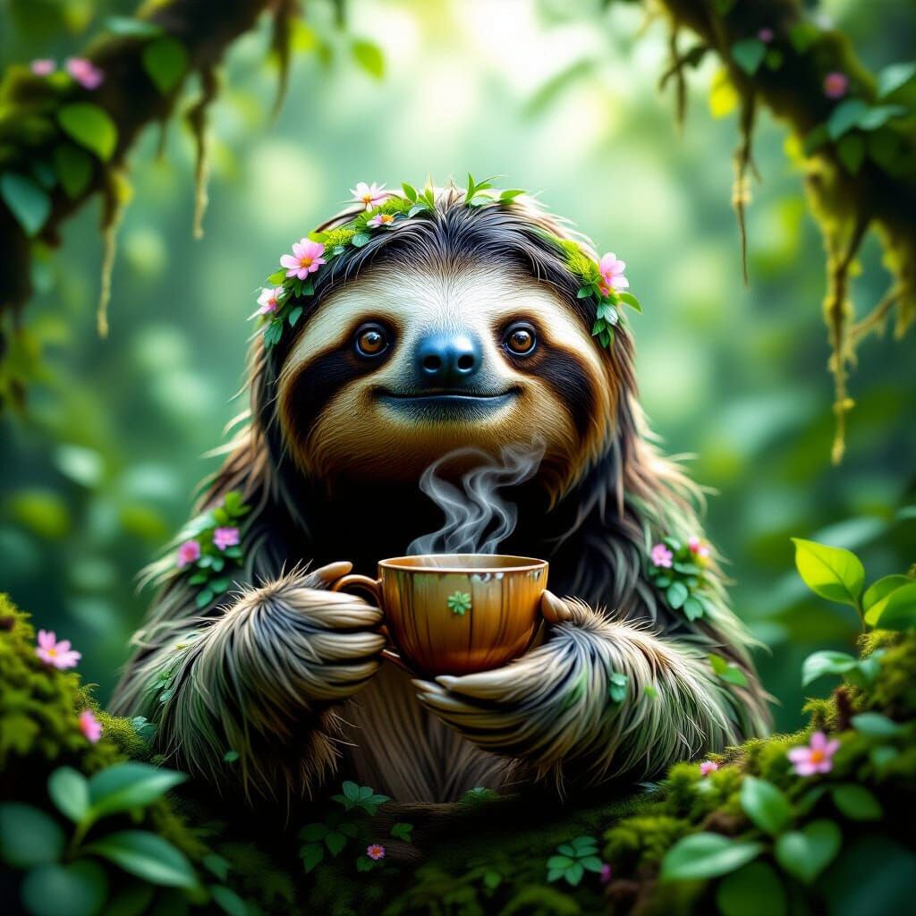 Wise Ancient Sloth Holds Teacup in Rainforest