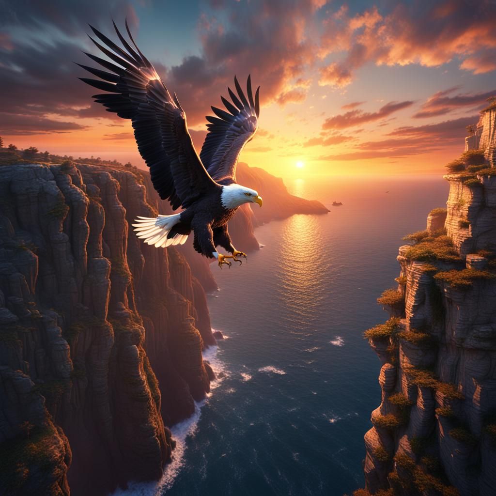 Eagle Soaring at Sunset: Detailed Matte Painting