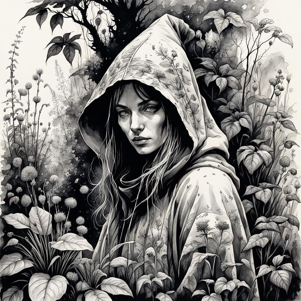 Garden Plants in Black and White Ink Painting