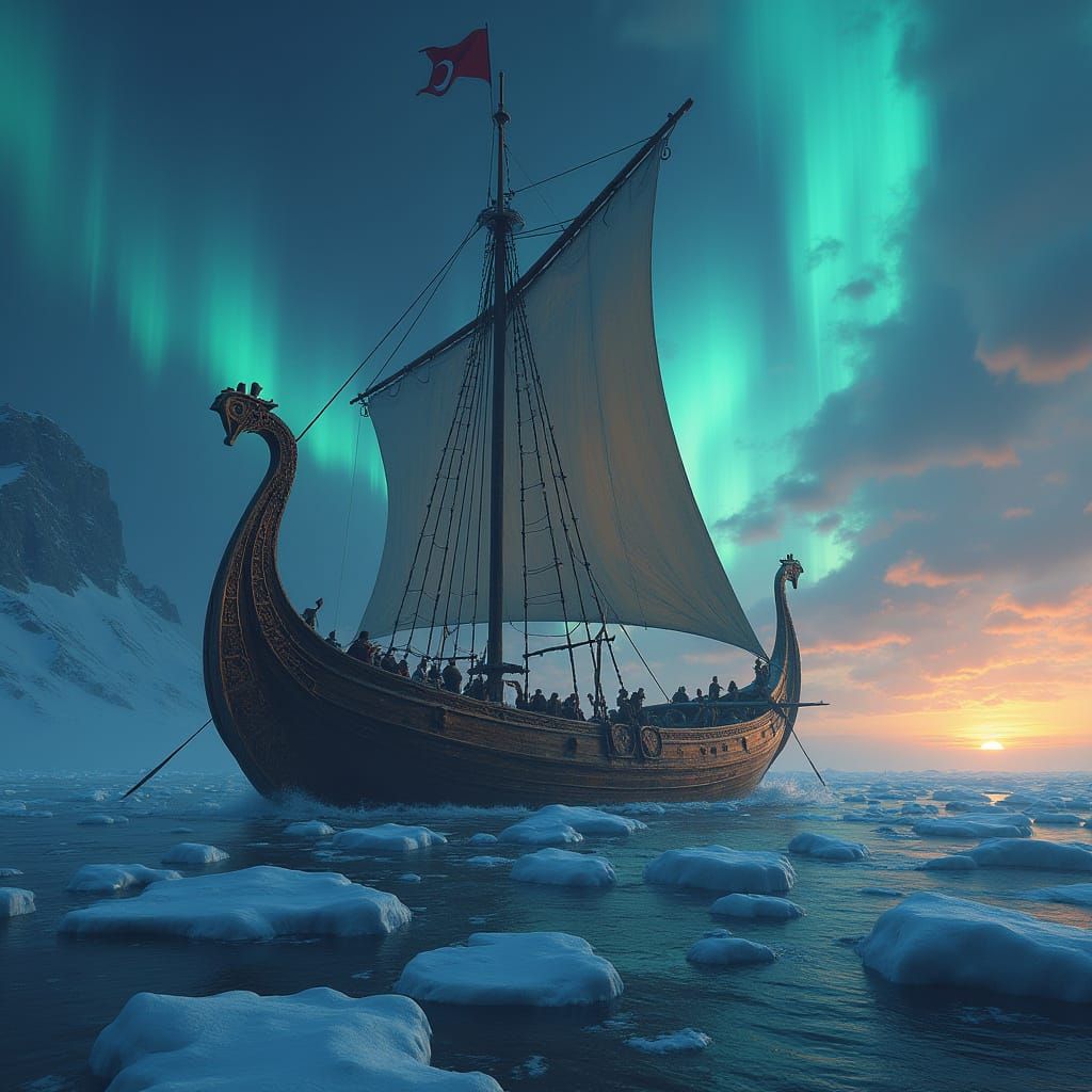 Viking Longship Navigates Icy Waters Beneath Boreal Aurora
