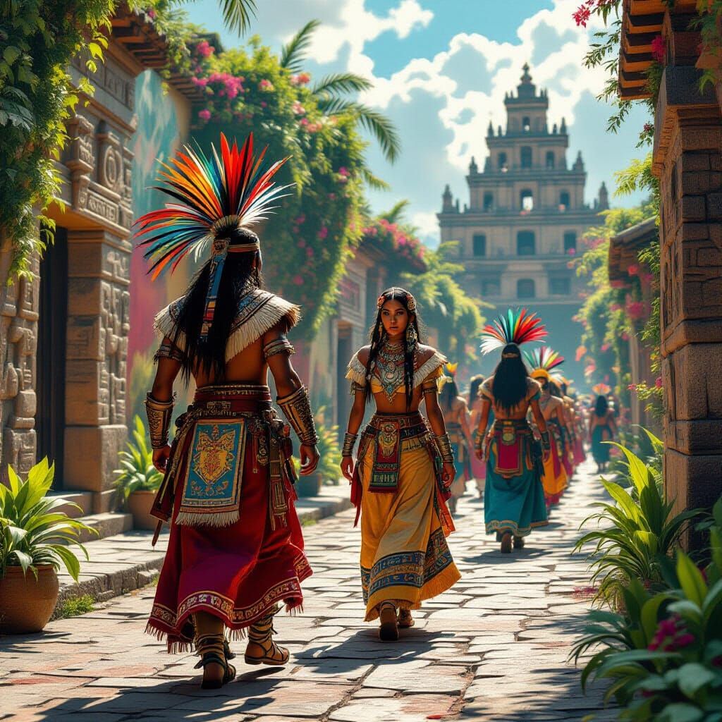 Aztec Warriors and Princesses in Tenochtitlan, Hyperrealisti...