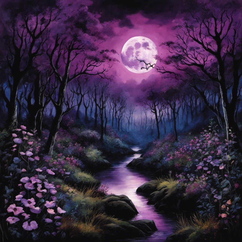Gothic Tim Burton Forest with Purple Flowers