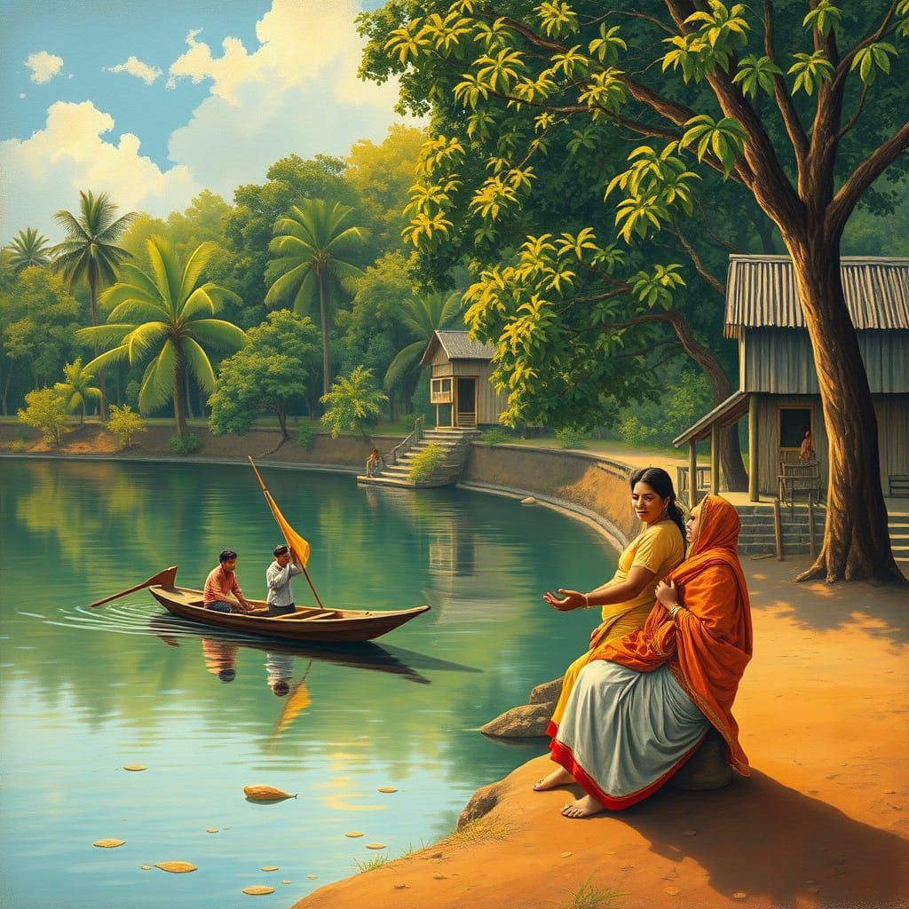 Bangladeshi Village Riverbank Gossip: Folk Art Style