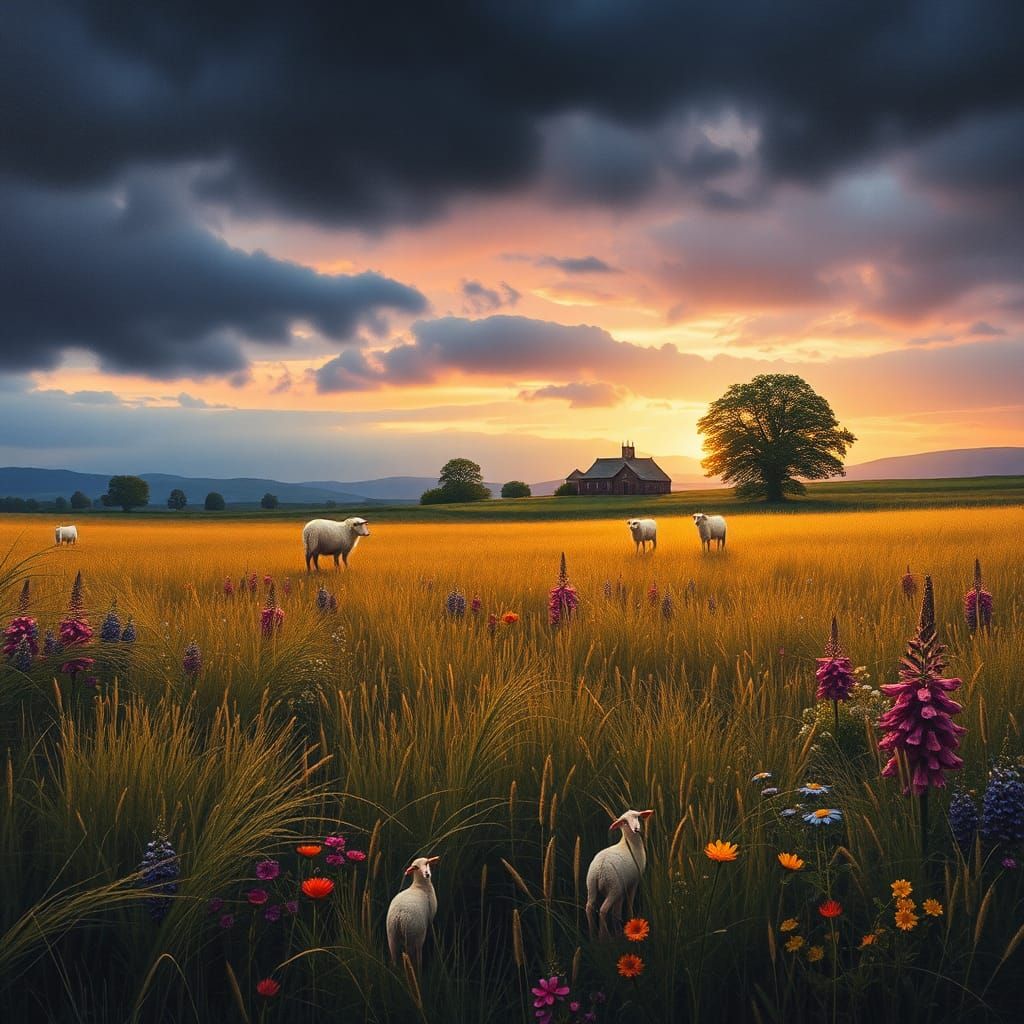 Surreal Wildflower Meadow at Twilight in Gouache Style