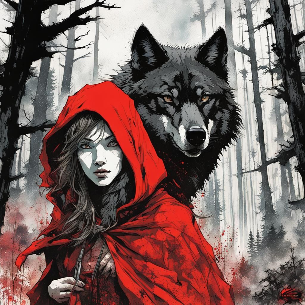 Double exposure movie poster dark fantasy manhwa neo-noir red movie little red riding hood and the big bad wolf in black...