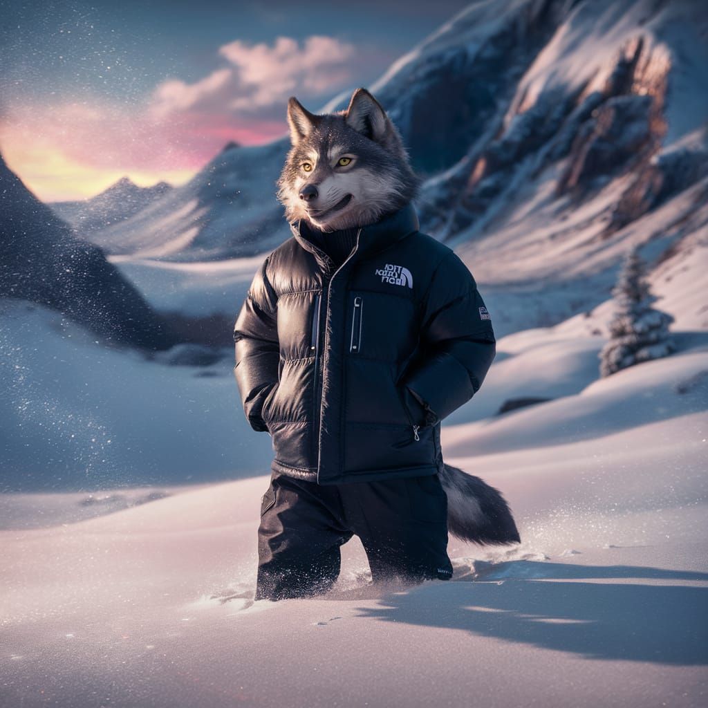 Wolf in Puffer Jacket in Snowy Landscape