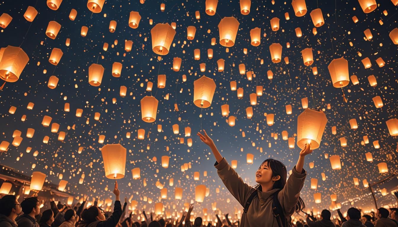 Happy Girl Releases Lantern at Light Festival