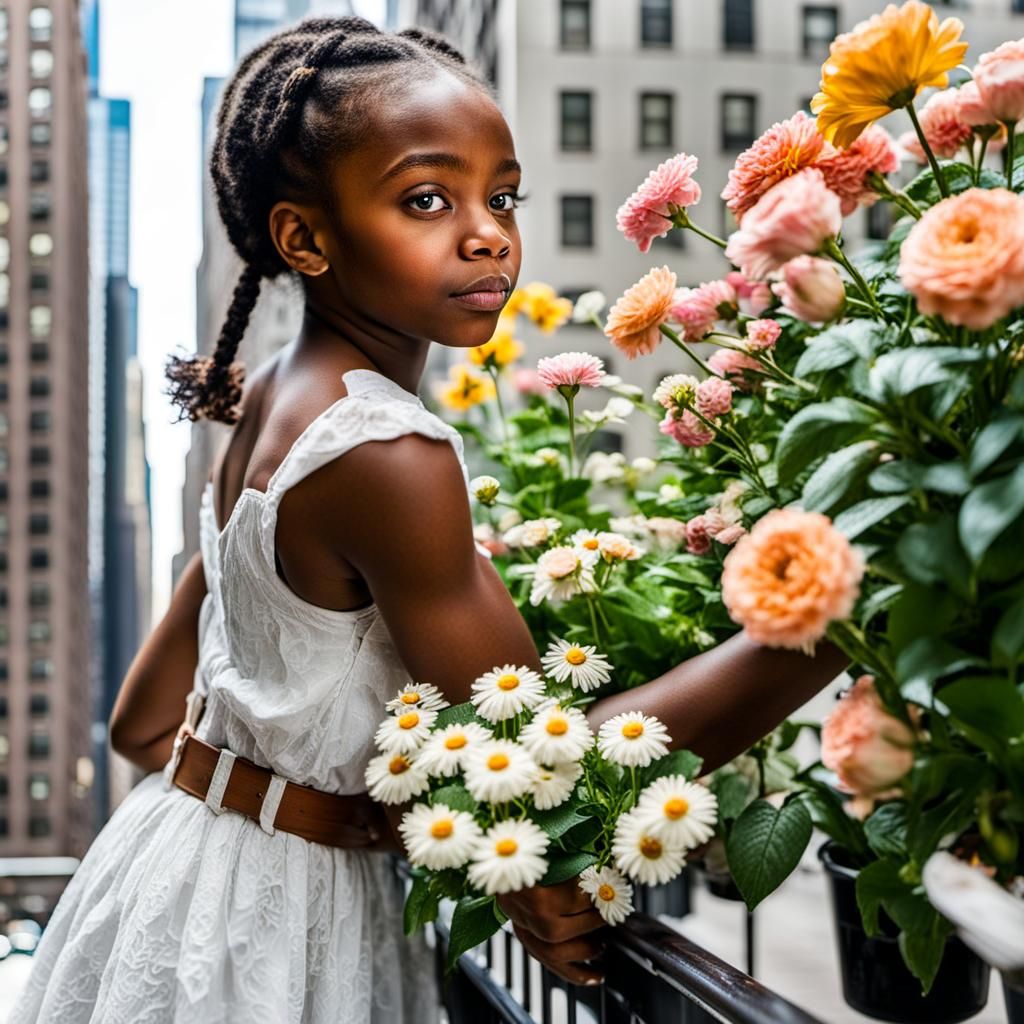 Girl and Flowers on Manhattan Balcony