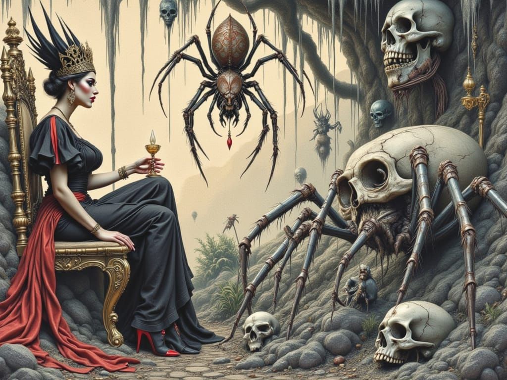 Wicked Queen on Dark Throne with Spiders in Frazetta Style