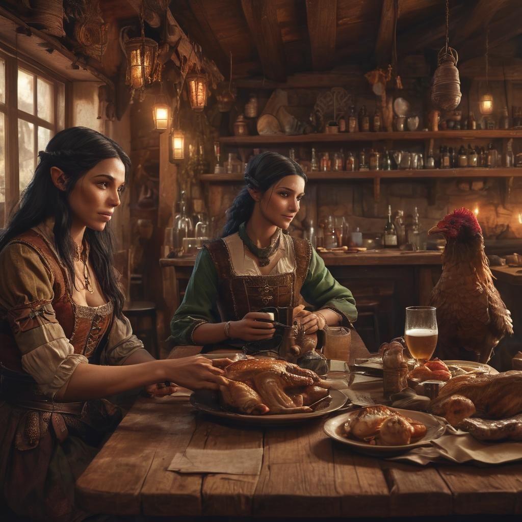 Fantasy Tavern Thanksgiving Dinner in Oil Painting Style