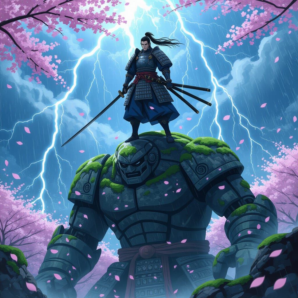Anime Swordsman on Stone Golem in Raging Storm