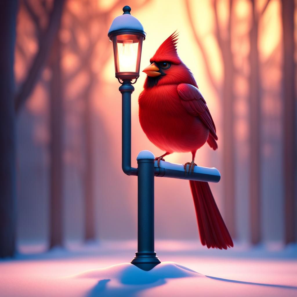 Cardinal Winter Light Post in 3D Digital Art