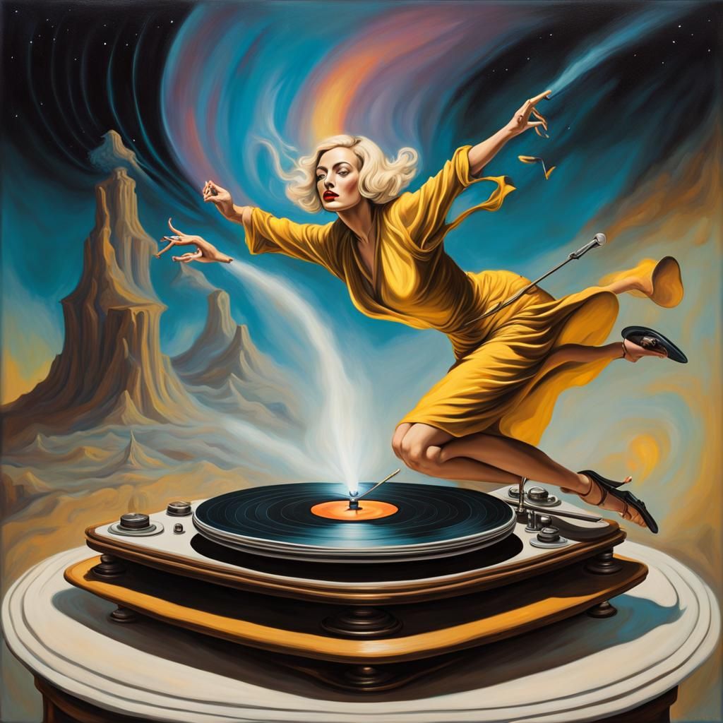 a beautiful short haired blonde female wizard dancing on a huge record player with a light show