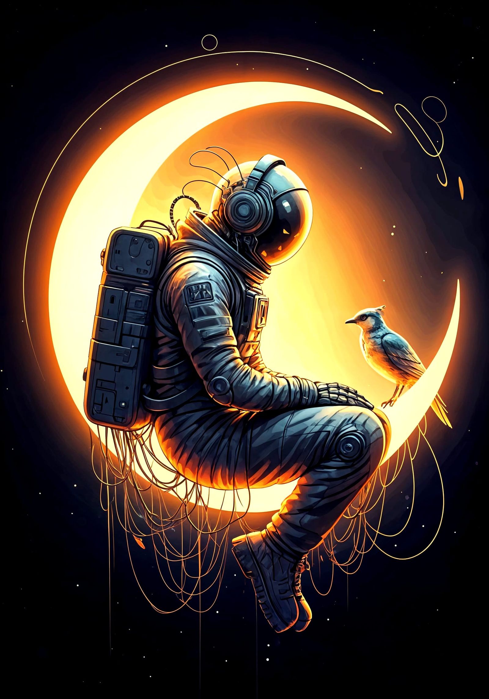 Robot Astronaut in Crescent Moon Glow