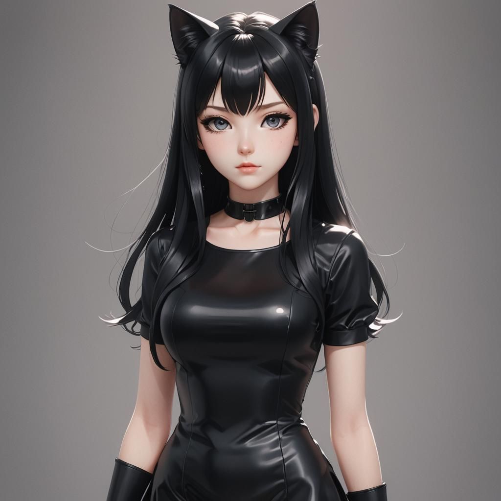 Anime Cat Girl in Shiny Dress, Cel-Shaded Style
