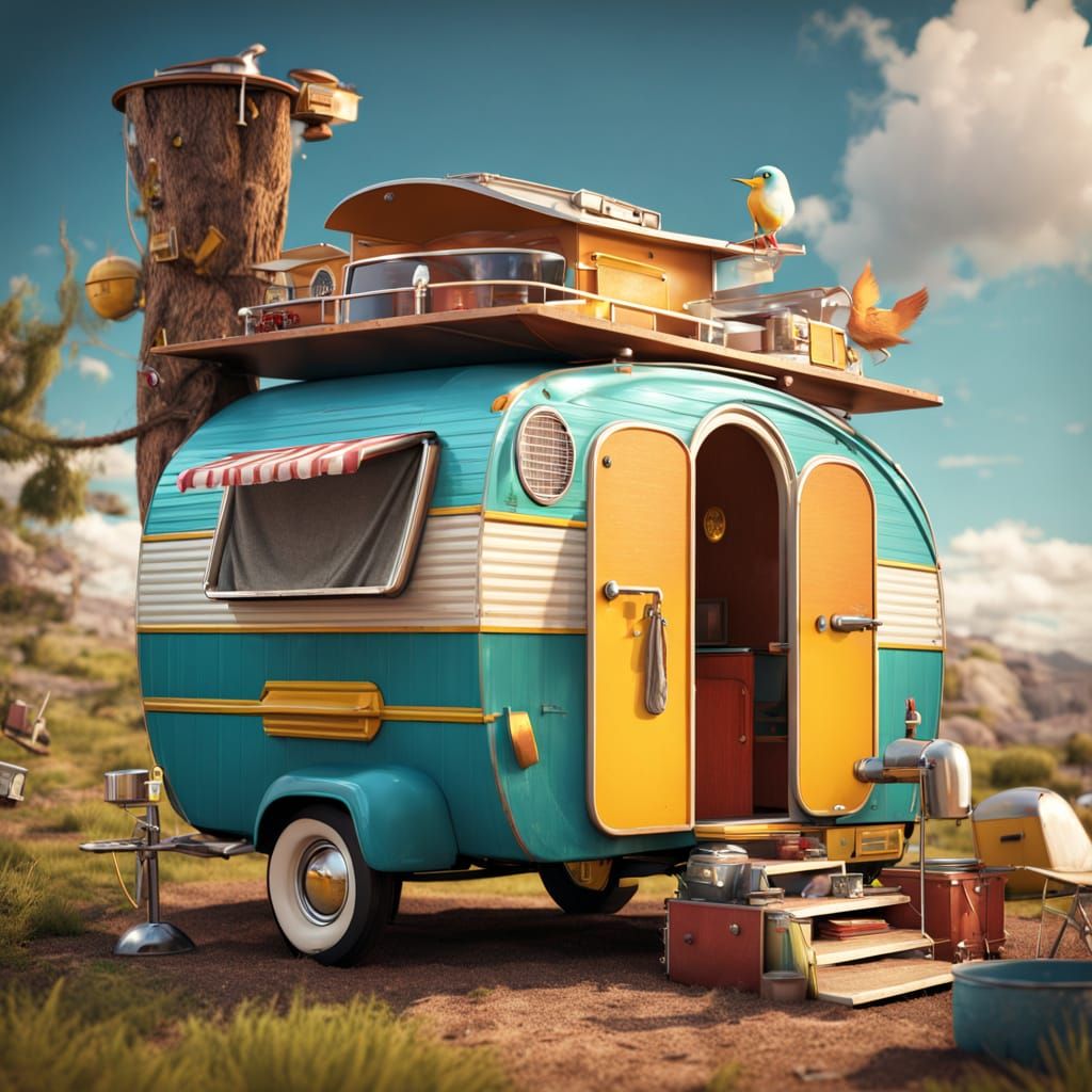 A 1950s pull behind camper trailer. detailed matte painting,...