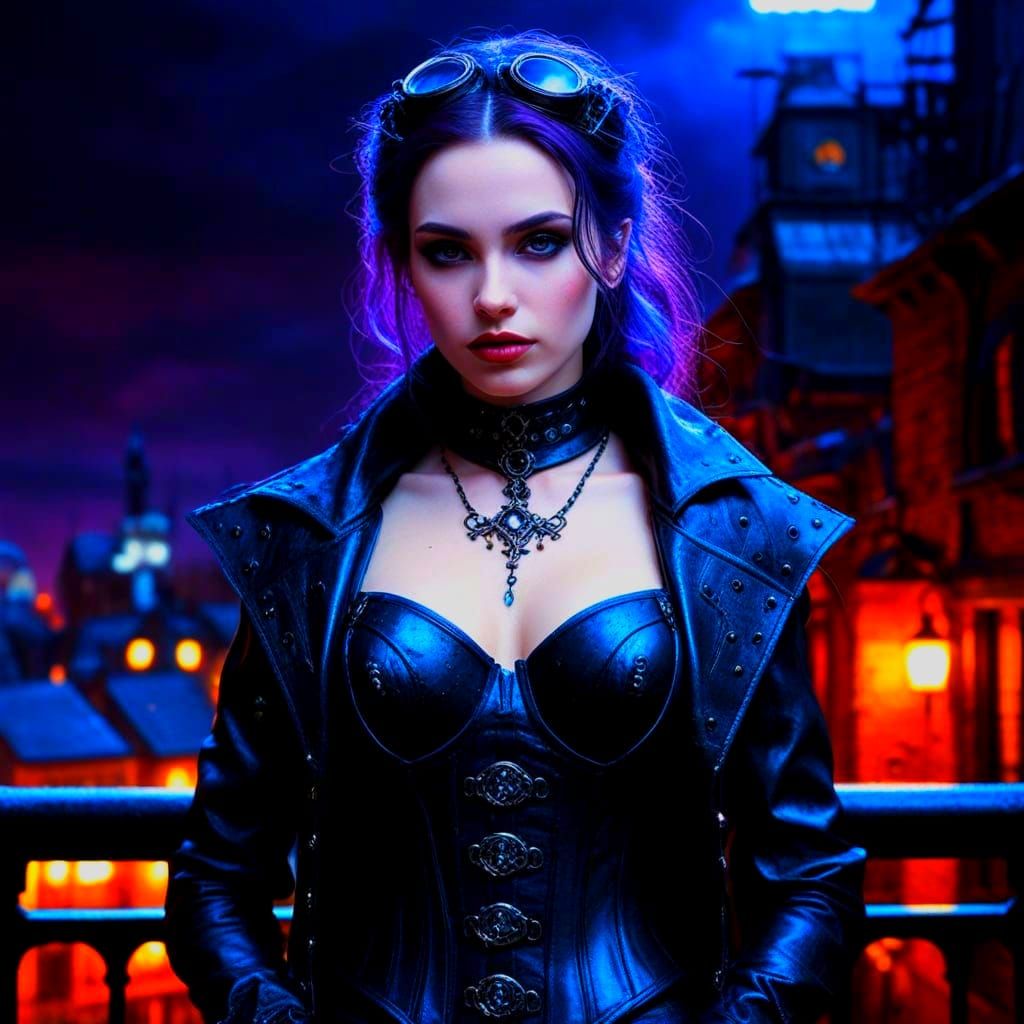 Gothic Woman Overlooking Steampunk City