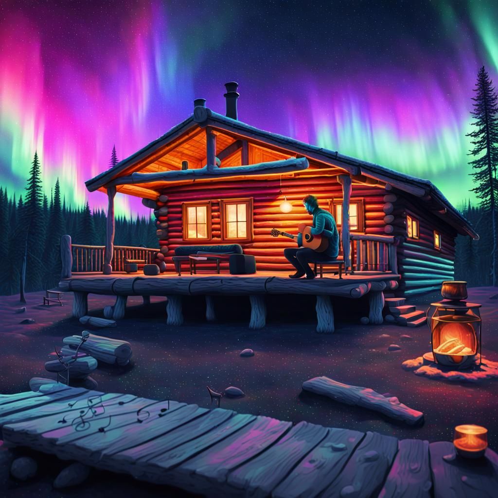 Cosmic Surrealist Guitarist and Aurora Borealis