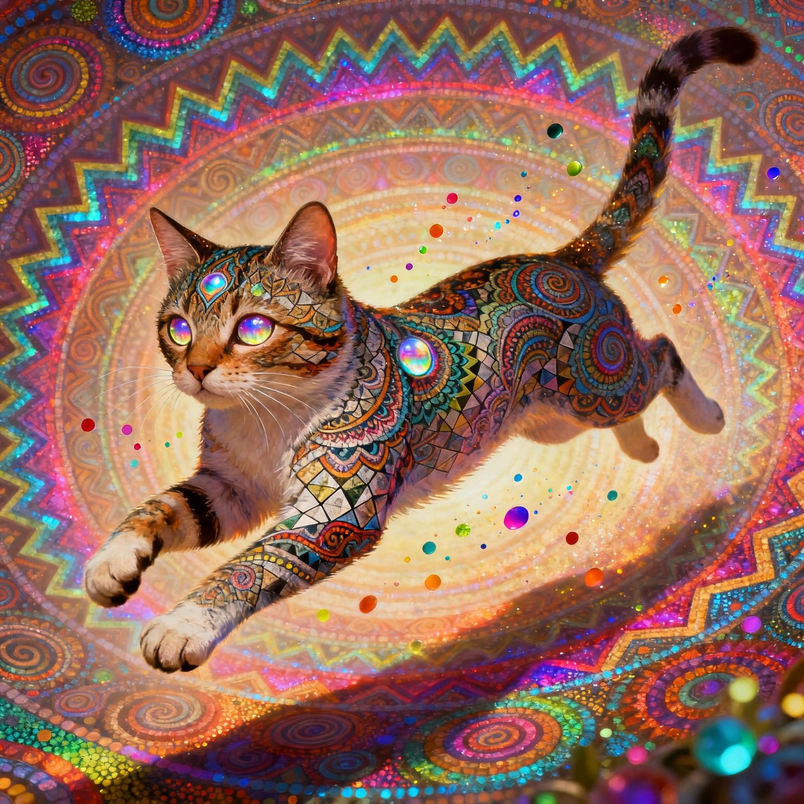 Psychedelic Cat Leaping Through Fractal Mandala