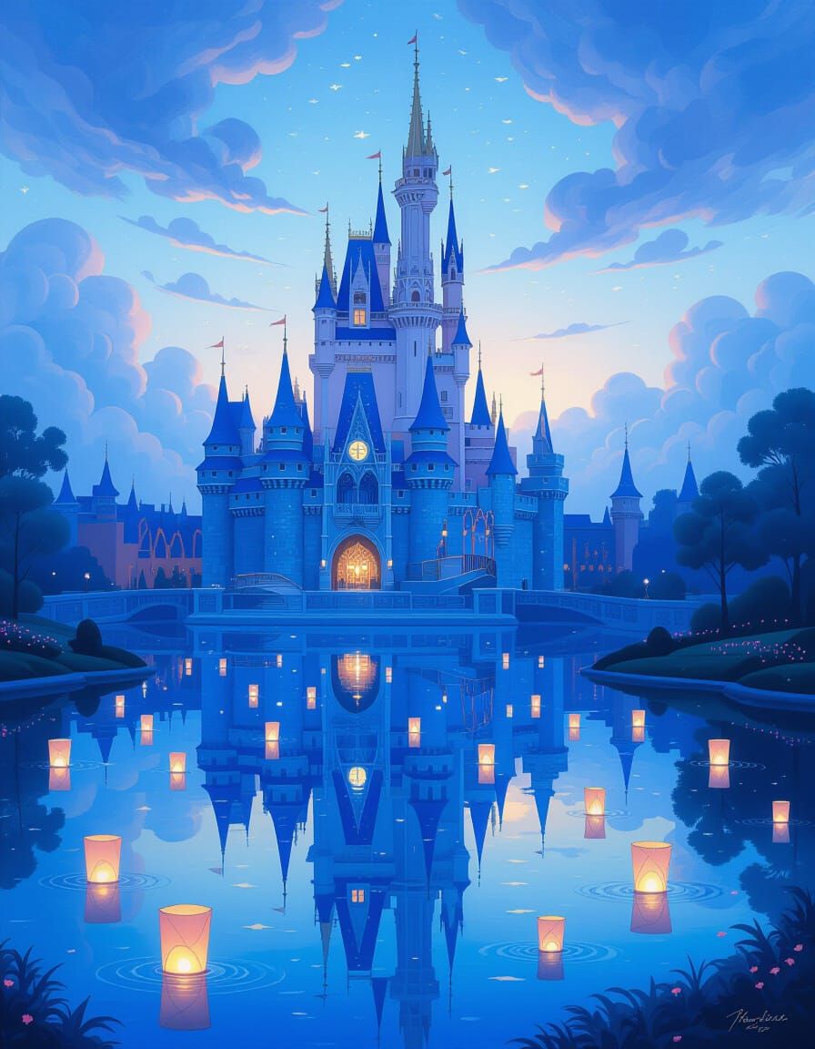 Ethereal Blue Castle Reflection in Luminous Twilight Lake
