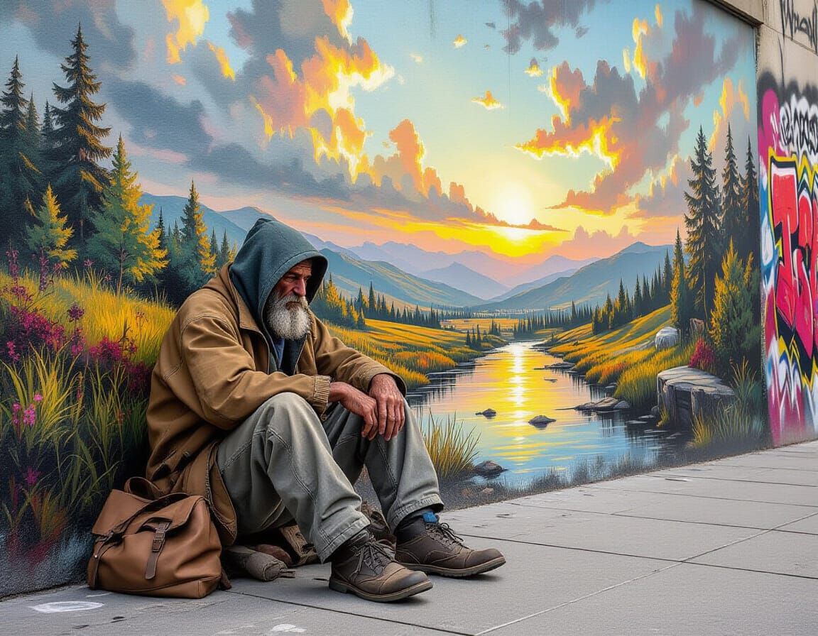 Homeless Person by Airbrushed Mural