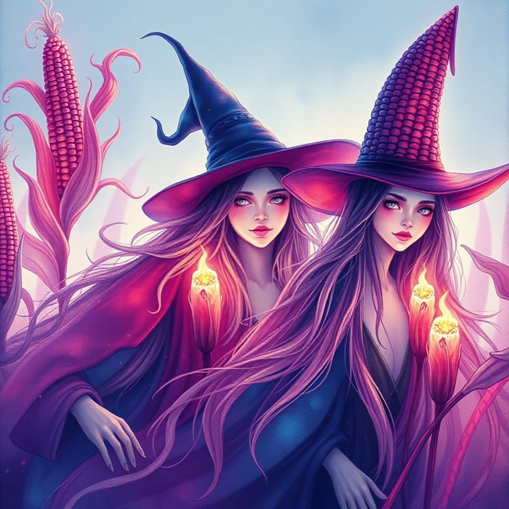 Mystical Witches Surrounded by Gemstone Flint Corn
