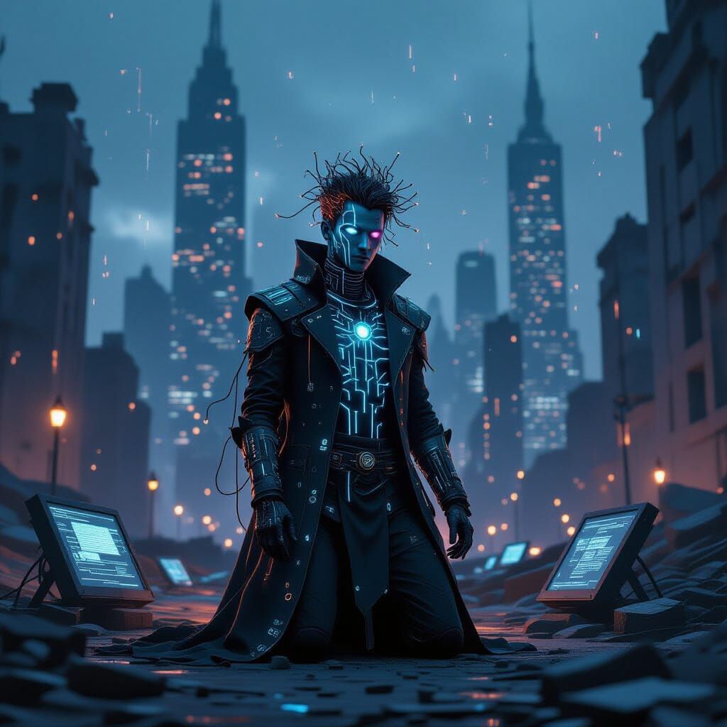 Technomancer in Collapsed City, Graffiti Splash Art Style