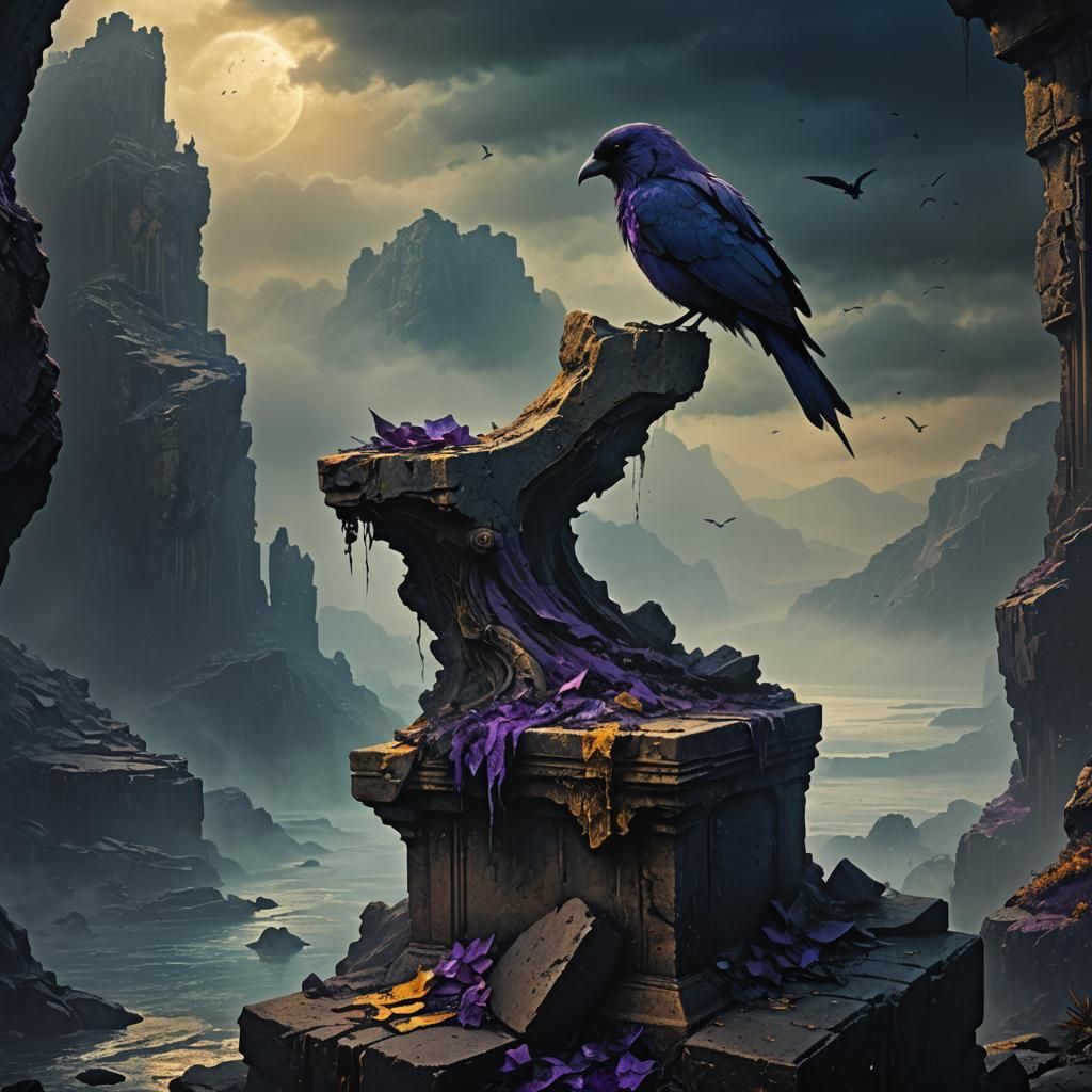 Perilous Perch: Bird on Crumbling Pedestal