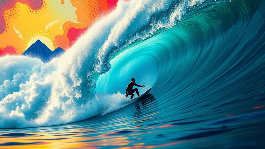 Surfer Rides Wave in Alien Landscape, Comic Book Art