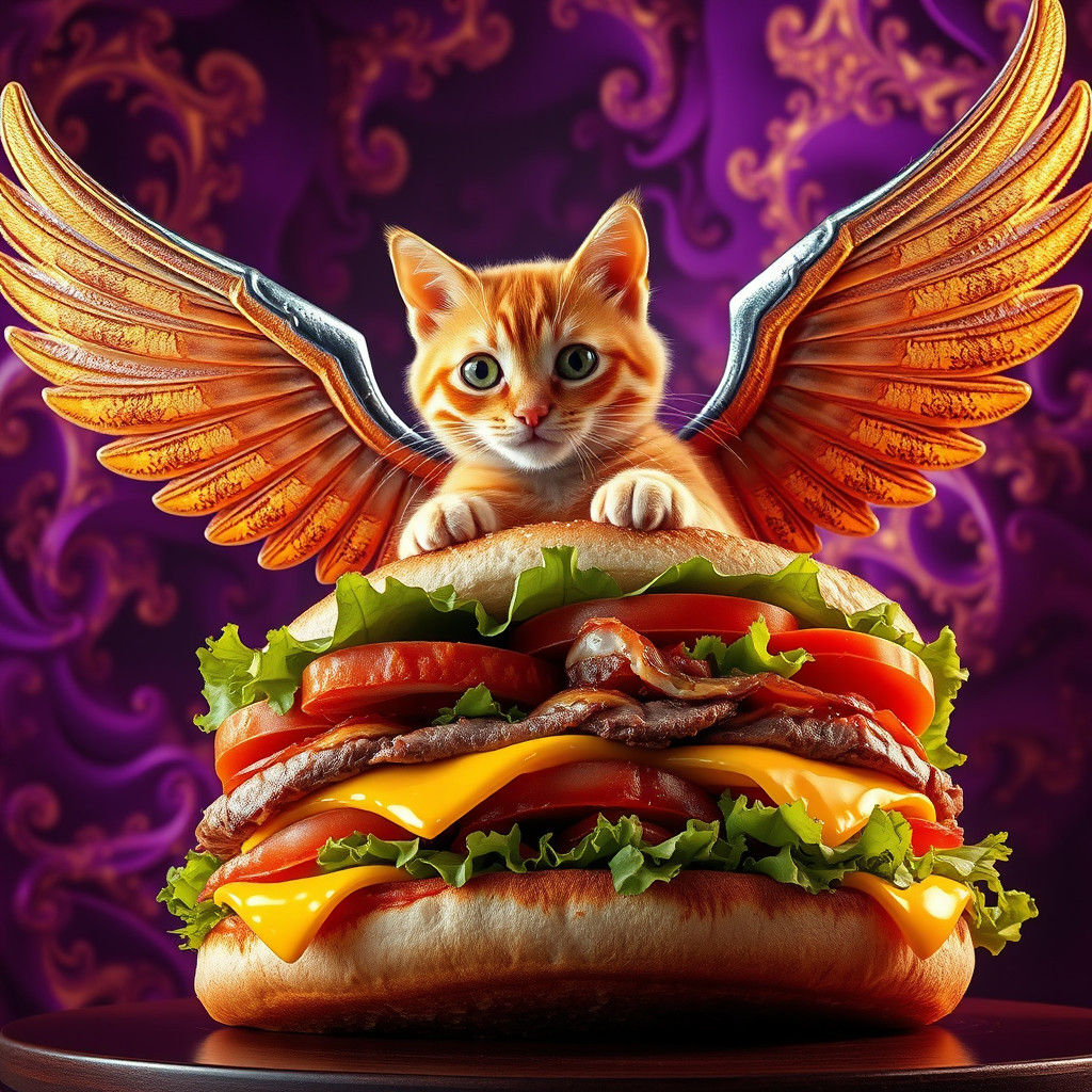 Orange Cat Rides Sandwich on Fractal Background