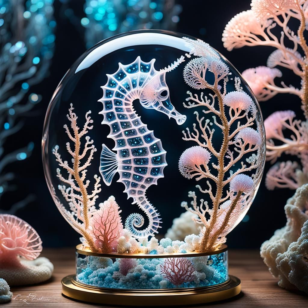 Crystal Seahorse Sculpture with Bioluminescent Corals