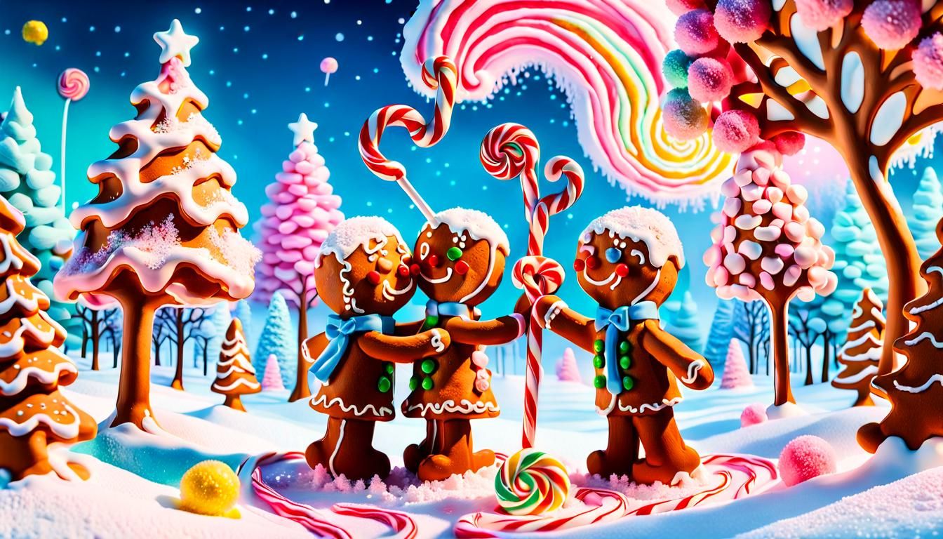 Gingerbread Couple in a Vibrant Winter Wonderland