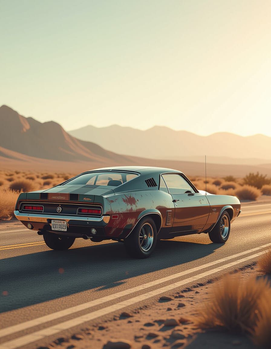 Abandoned Muscle Car on Desert Highway at Sunset