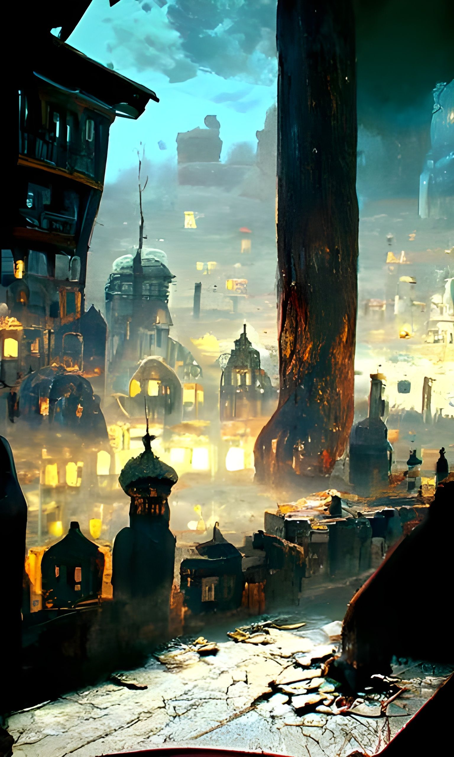 War-Torn Cityscape in Klimt-Beksiński Style