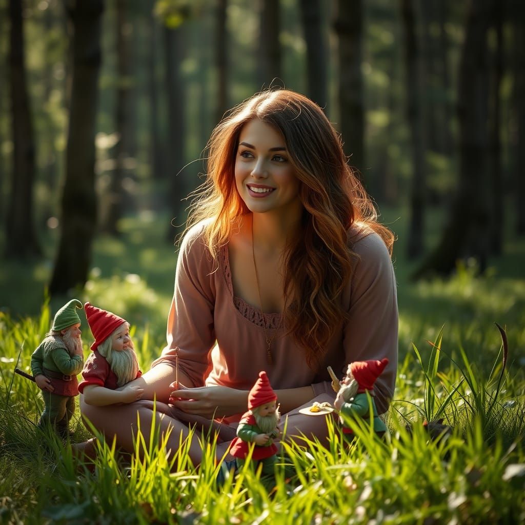 Woman Surrounded by Flickering Dwarves in a Hyper-Realistic ...