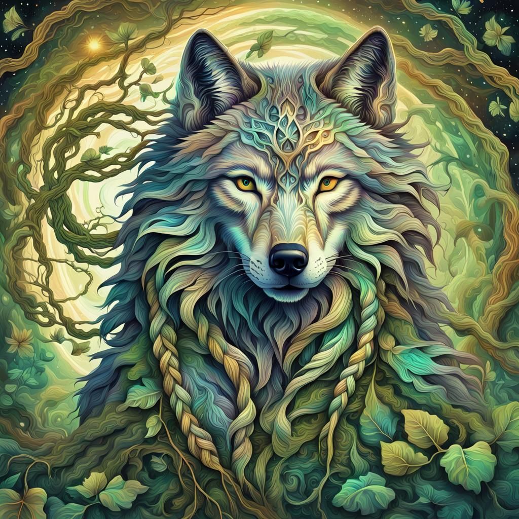 Camouflage Wolf Spirit with Braided Roots: Astral Illustrati...