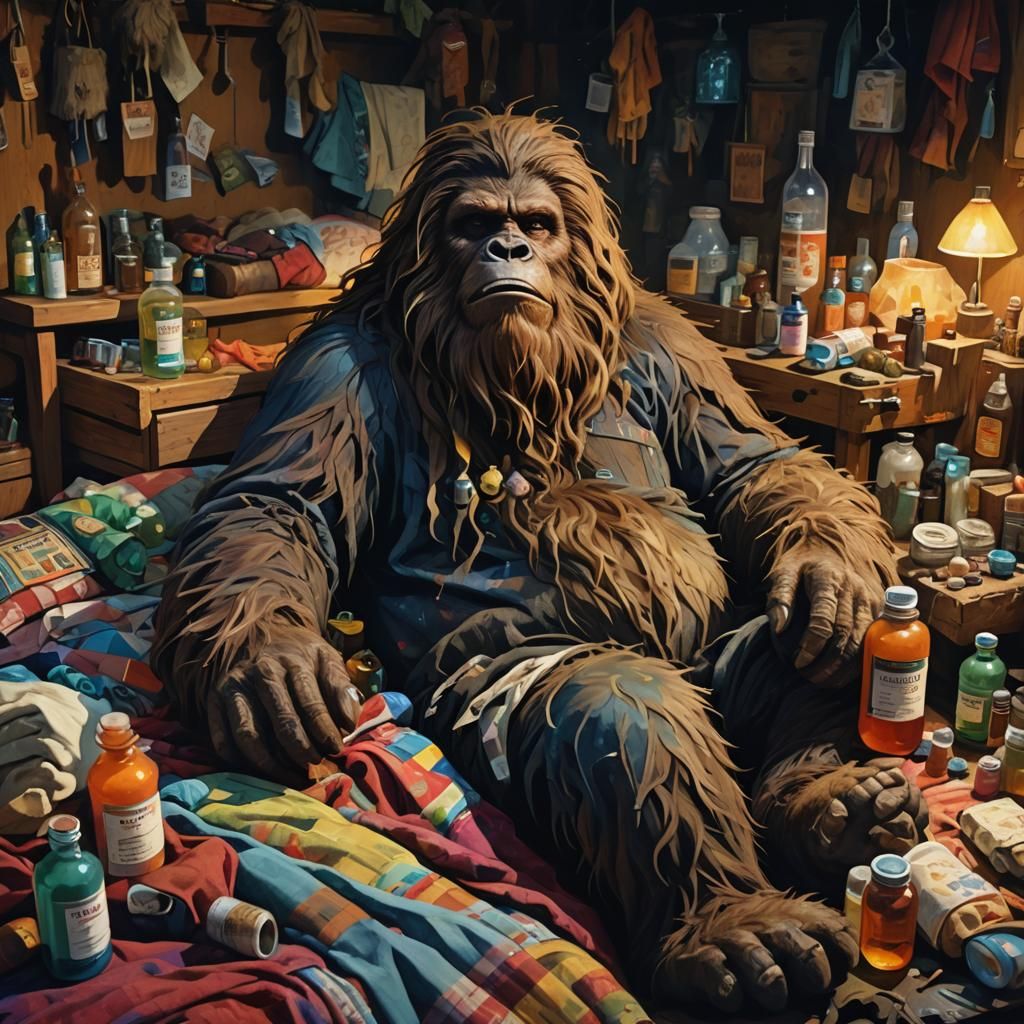 Sick Sasquatch in Bed: Hyperrealistic Concept Art