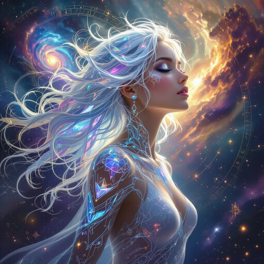 Ethereal Woman Ascends Through Cosmic Nebula