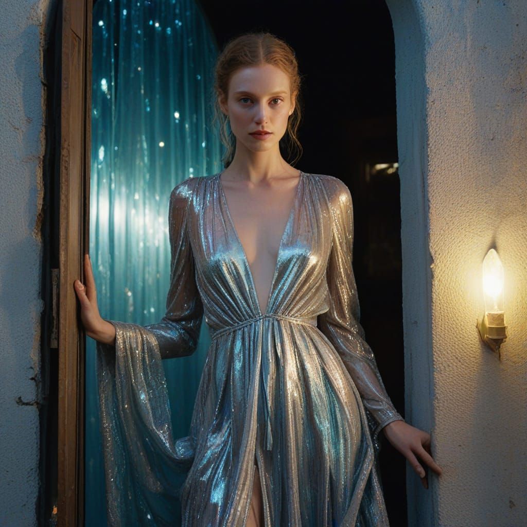 Ethereal Woman in Iridescent Gown at Portal