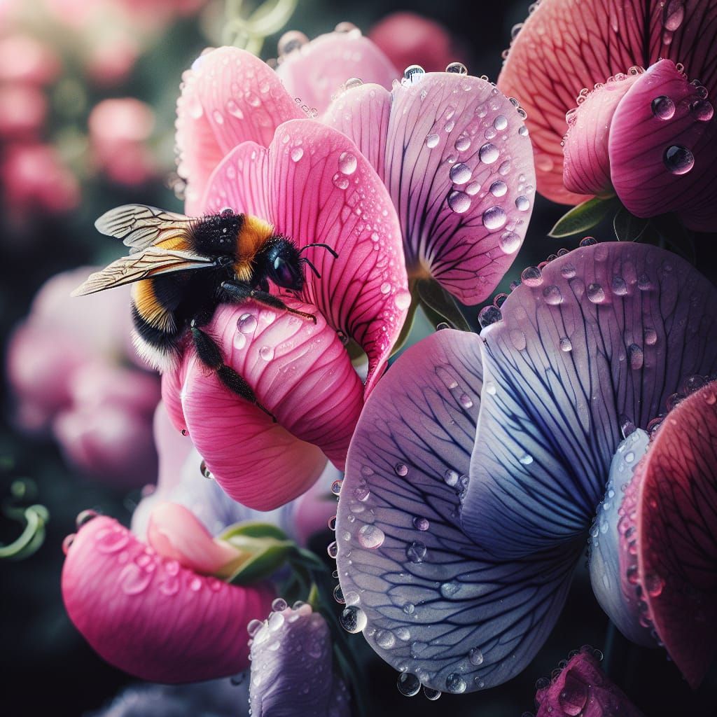 Bumble Bee on Sweet Pea Flower Macro